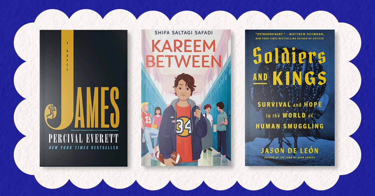National Book Award Winning Book Covers: James, Kareem Between, and Soldiers and Kings against a white and blue background